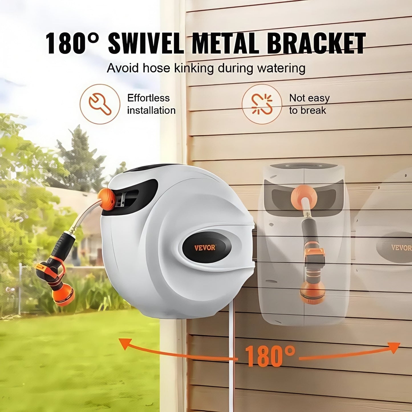Retractable Garden Hose Reel - 130' x 5/8", Wall Mount with 180° Swivel Bracket