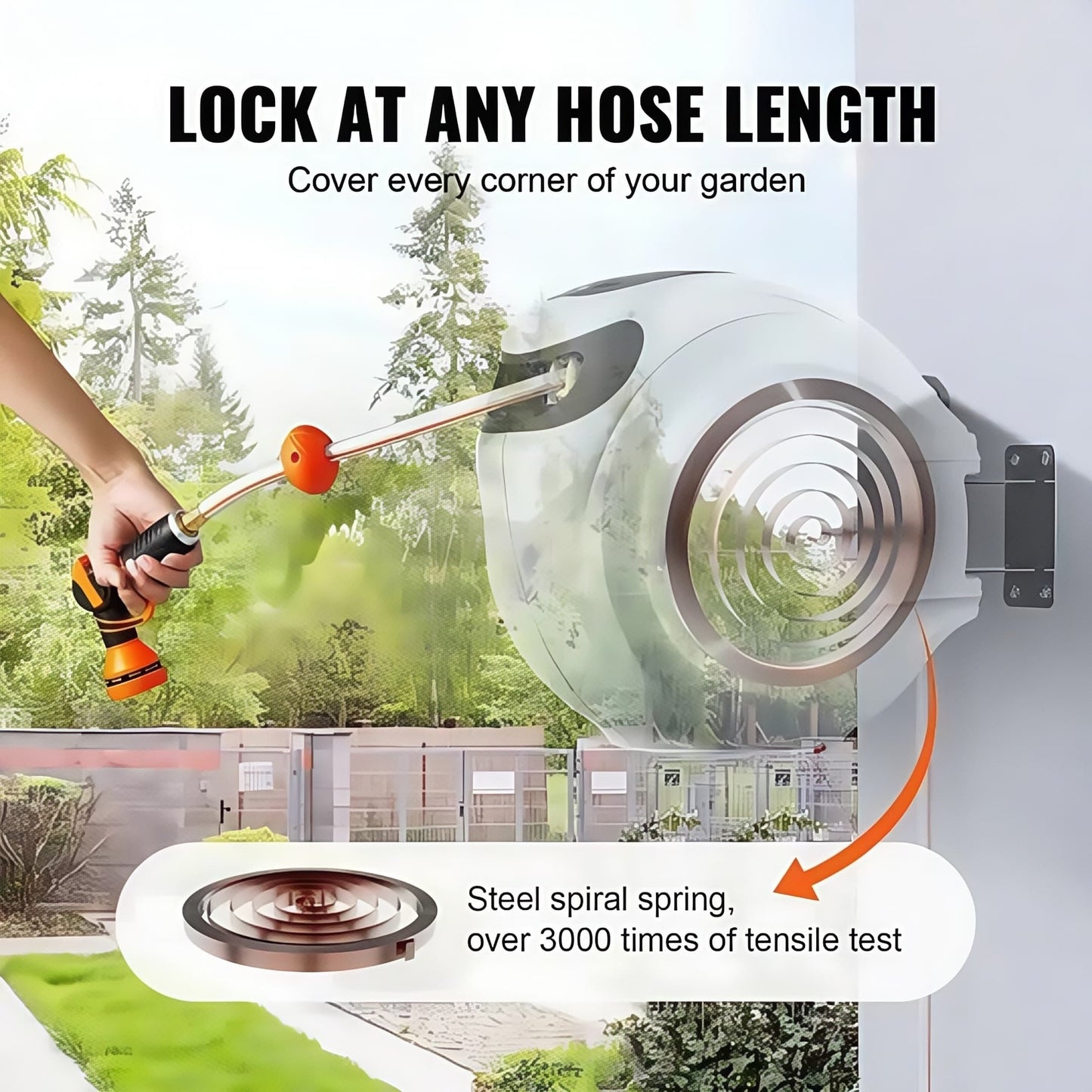 Retractable Garden Hose Reel - 130' x 5/8", Wall Mount with 180° Swivel Bracket