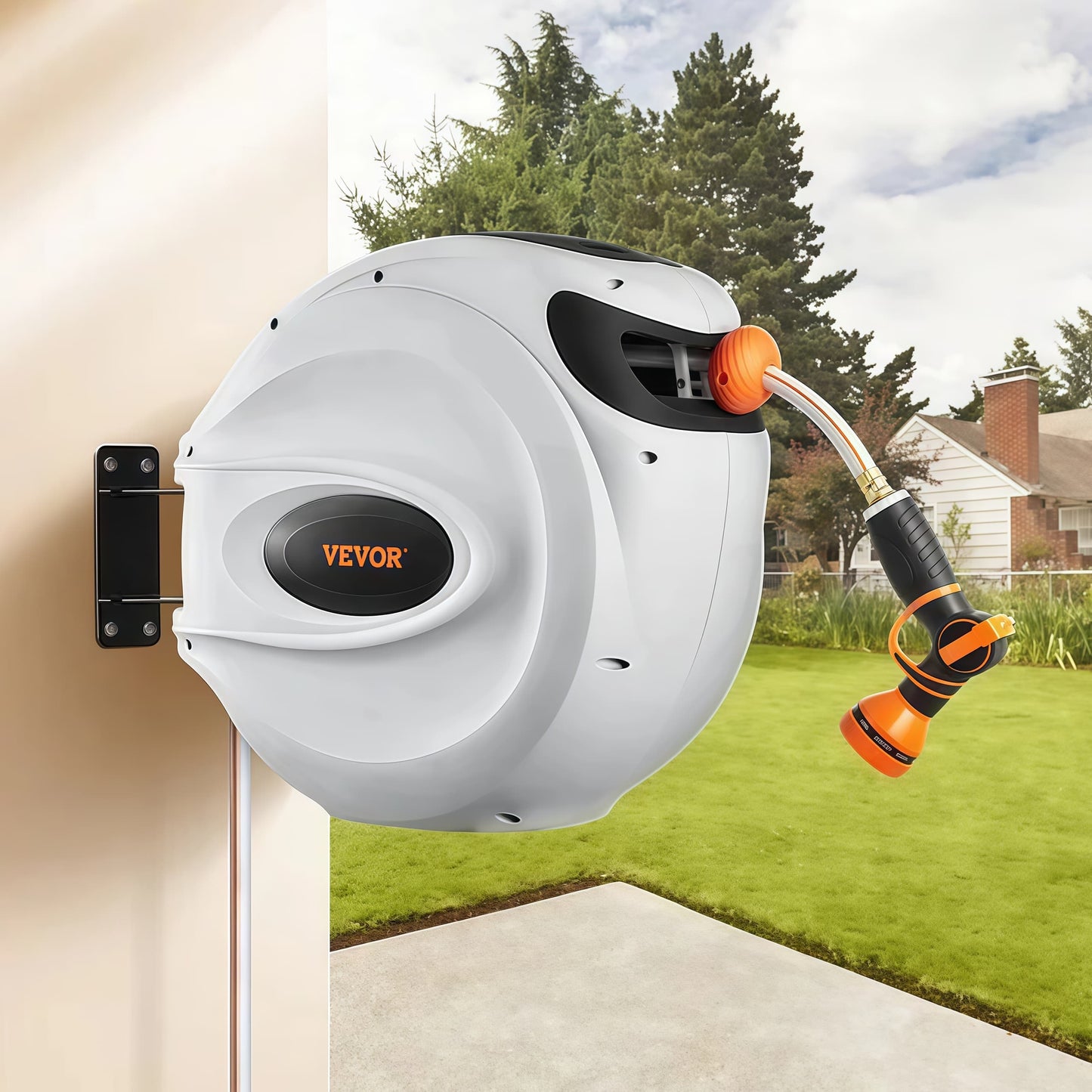 Retractable Garden Hose Reel - 130' x 5/8", Wall Mount with 180° Swivel Bracket