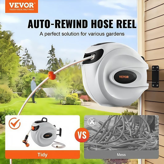 Retractable Garden Hose Reel - 130' x 5/8", Wall Mount with 180° Swivel Bracket